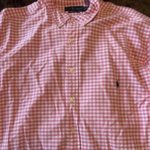 Pink and white plaid button up shirt